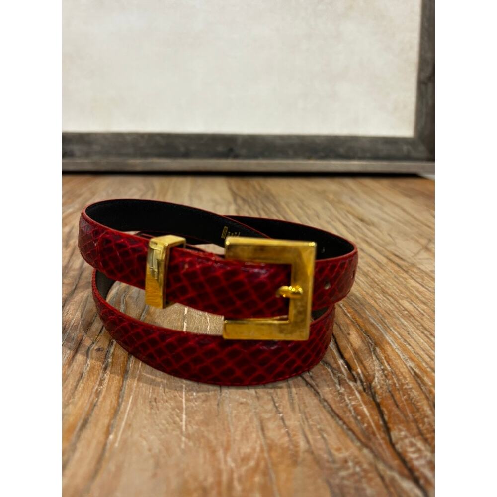 Vintage Magid Red Snakeskin Belt Gold Buckle 80s Glam Statement Belt M